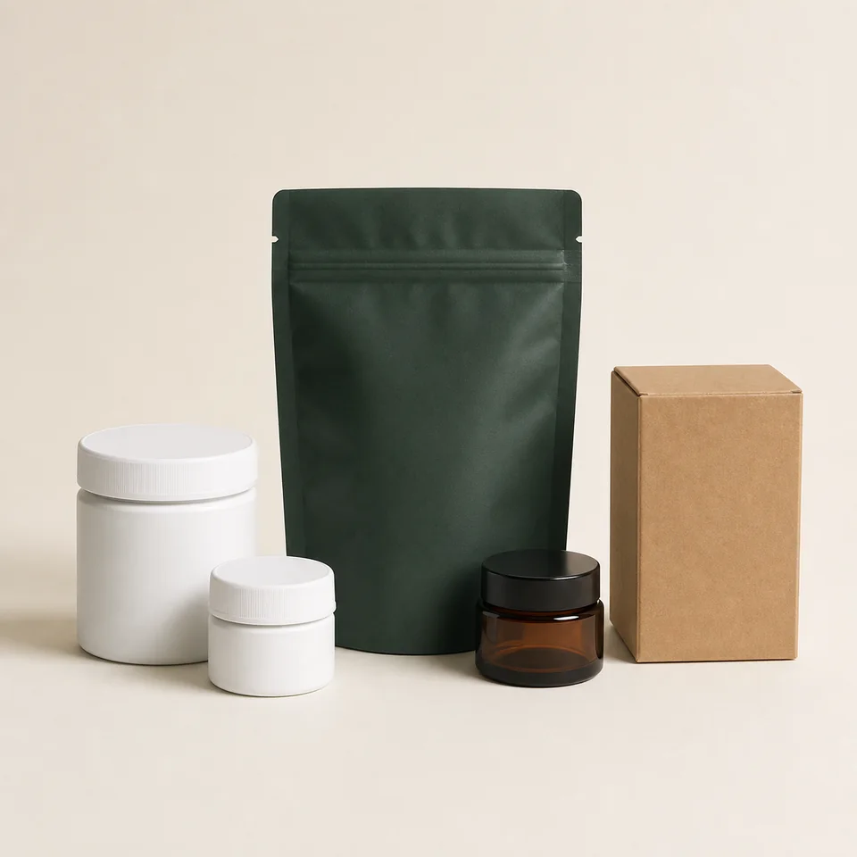 Glass jars, a pouch and a retail carton arranged together